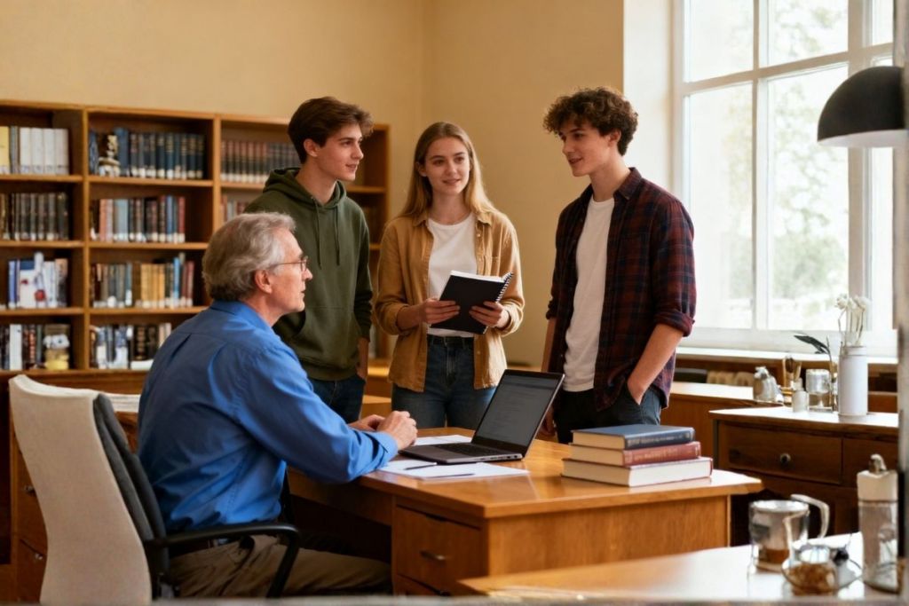 Studenci rozmawiają z profesorem w jego gabinecie